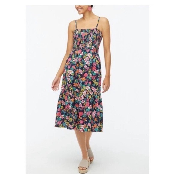 J. Crew Dresses & Skirts - J Crew Floral Smocked Tiered Sleeveless A-Line Midi Dress Boho Navy Pink Size S